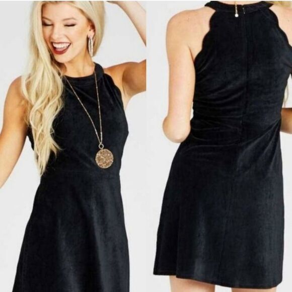 Altar'd State -1209 NWT Black Velvet Corduroy Skater Halter Dress Women's Large - Picture 1 of 7